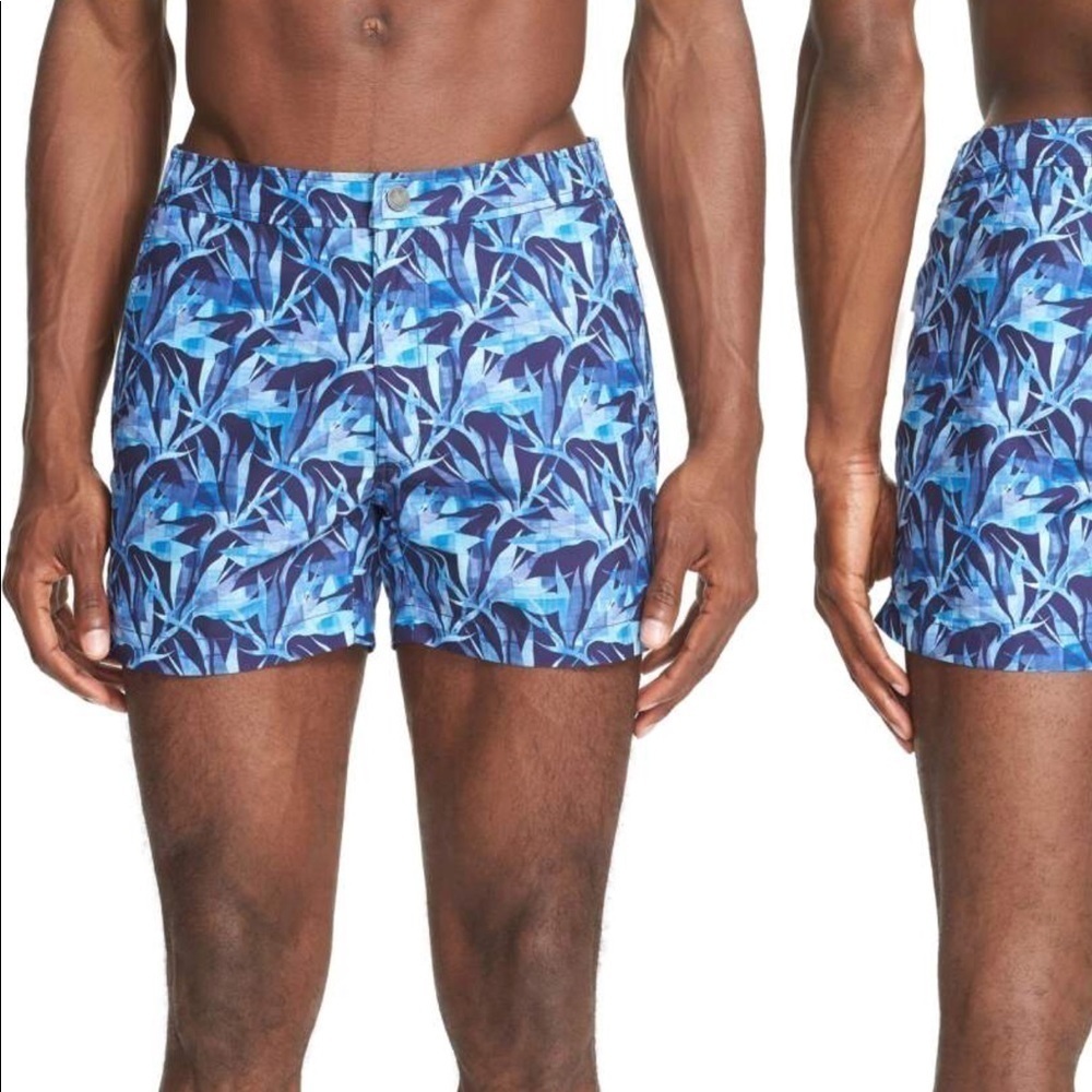 Onia Blue Bird Of Paradise Print Swim Trunks 4”